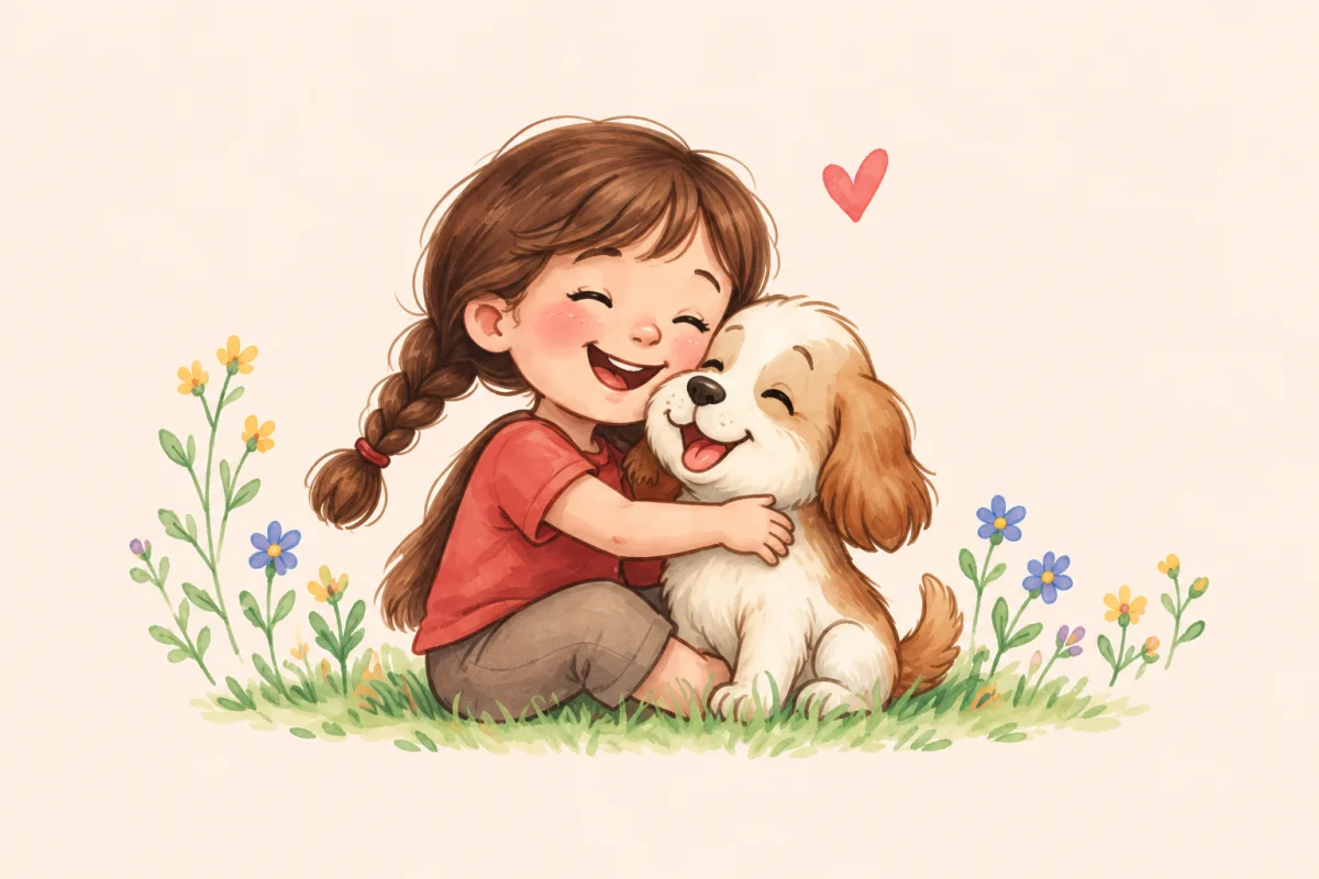 En glad pige krammer en hund i en lille blomstereng